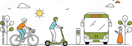 Sustainable urban transportation concept with electric bus charging station bicycle and kick scooter in modern monoline flat vector style