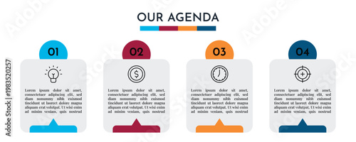 Our Agenda Minimal Step Infographic with Small Icon Cards and Numbered Labels Vector Illustration,