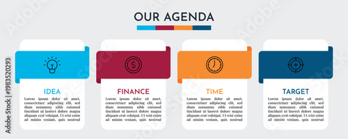 Our Agenda Layered Card Infographic Design with Four Step Workflow and Clean UI Elements Vector Illustration,