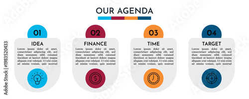 Our Agenda Vertical Pill Shape Infographic with Four Step Process and Circular Icons Vector Illustration,