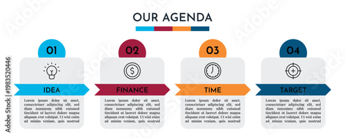 Our Agenda Arrow Based Workflow Timeline with Four Steps and Business Icons Vector Illustration,
