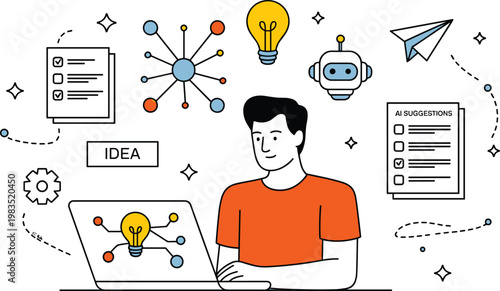 Man using artificial intelligence for creative ideas and task management with bot lightbulb and brain network monoline vector