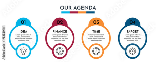 Our Agenda Circular Badge Style Infographic with Four Steps and Icon Based Layout Vector Illustration,
