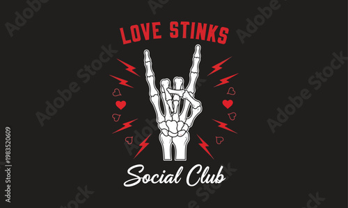Love stinks social club a bold graphic design with skeletal hands and electric accents