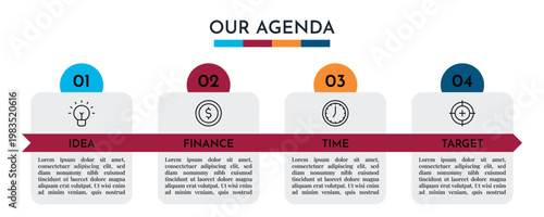 Our Agenda Horizontal Timeline Infographic with Ribbon Style Steps and Business Icons Vector Illustration,
