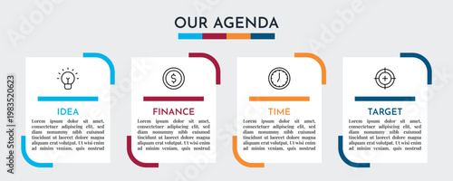 Our Agenda Four Step Business Process Timeline Layout with Modern Rounded Boxes Vector Illustration,
