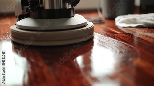 Floor buffer cleaning hardwood floor with glossy shine