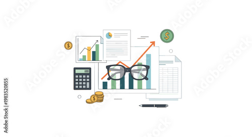 Meticulous black-rimmed eyeglasses rest atop various financial bar charts and data reports surrounded by a calculator and golden coins on a white desk.