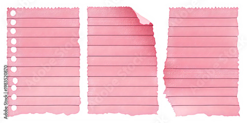 Set of three pink lined note paper sheets isolated on transparent background