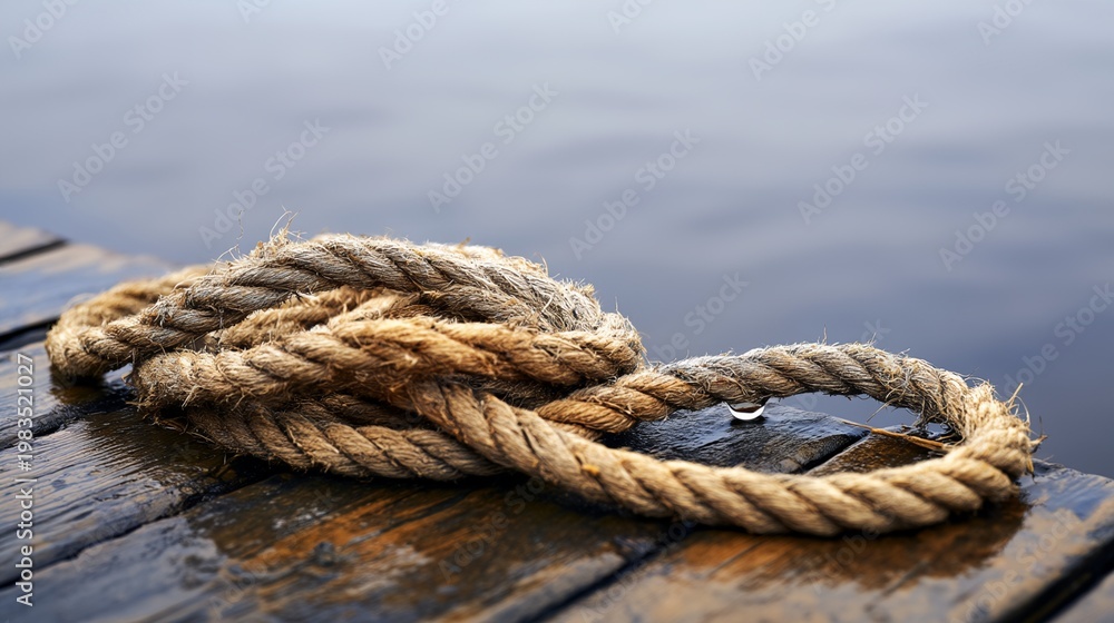 Fototapeta premium Twisted rope rests on old dock beside calm water surface
