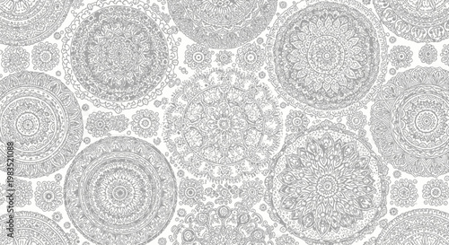 Intricate gray mandala patterns repeat across a white background, creating a decorative textile