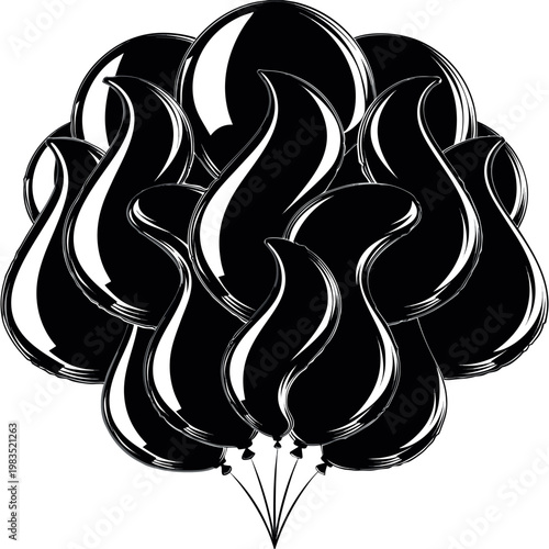 Black and white vector illustration of a bunch of balloons,