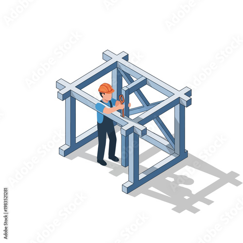 Construction worker assembling metal framework on a white background.