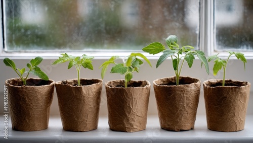 Five small plants in paper pots sit on a windowsill, with a blurred window view