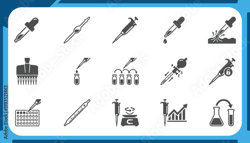 Large Collection of Professional Laboratory Pipette Icons Featuring Scientific Research, Liquid Sampling, Bio Lab Test, Chemistry Experiment and Diagnostic Tool Graphic Elements Vector Set