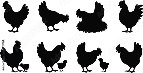 Silhouettes of chickens and roosters a farm animal collection