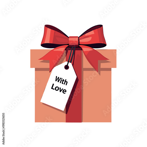 gift box icon on transparent background with a red ribbon bow and a tag with 'with love' text, for birthday blogs, greeting card clipart, stationery design, social media posts