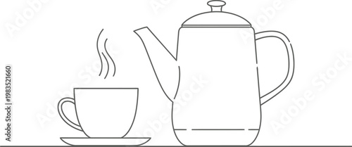 Simple black and white line art drawing featuring a classic teapot placed next to a steaming cup of freshly brewed hot tea for a minimalist style graphic design illustration for web