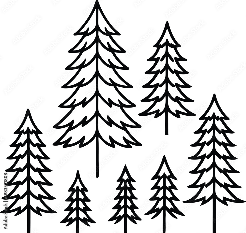 Fototapeta premium Set of black pine tree silhouettes with thin lines, hand drawn fir tree icons for forest or nature designs.