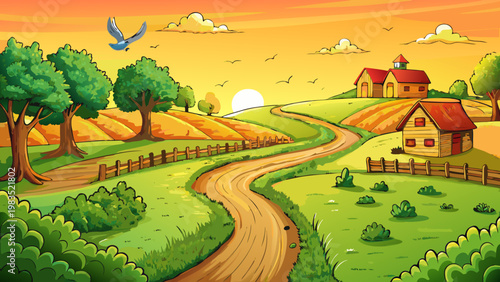 Vector rural landscape, countryside scene, farm fields, sunset