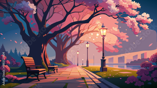 Serene park scene, cherry blossom tree, walking path, street lamps, pink sunset