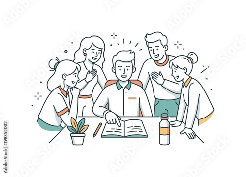 Group of colleagues collaborating on a project with one central figure writing ideas while others point and nod in agreement