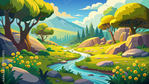 Cartoon landscape, serene nature scene, green trees, blue stream, sunny meadow