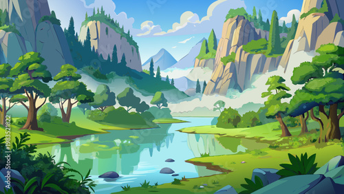 Fantasy landscape, serene mountain valley, cartoon river scene, green forest