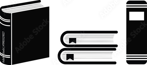 Black and white illustration of books and notebooks