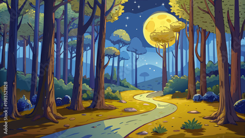 Moonlit forest path, nighttime scenery, vector illustration, serene landscape