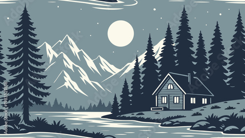 Moonlit Mountain, Snowy Landscape, Pine Forest, Cozy Cabin, Vector Illustration