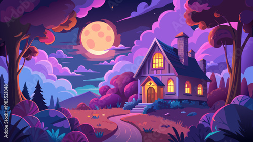 Whimsical purple house, moonlit scene, fantasy landscape, dreamy night