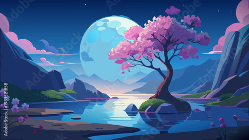 Fantasy landscape, pink cherry blossom tree, serene mountain lake scene, moonlit night