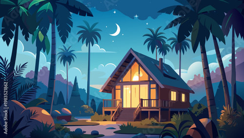 Tropical night scene, cozy cabin, palm trees, moonlit landscape, vector illustration