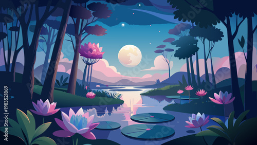 Whimsical forest, serene landscape, pink lotus flowers, moonlit night, vector illustration