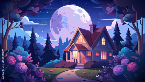 Whimsical moonlit house, cartoon house, night scene, vector illustration, dreamy landscape
