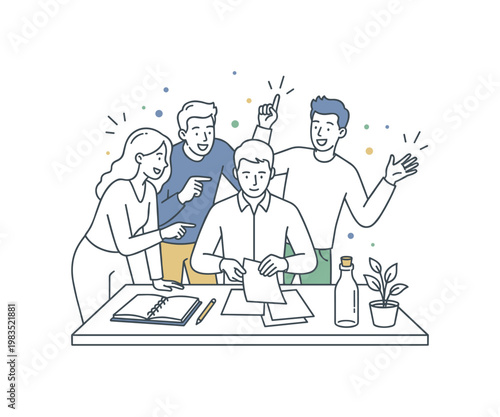 Colleagues gathered tightly around a simple desk with one central person arranging papers while others lean in pointing and