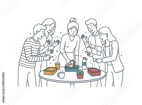 Colleagues enjoying a casual lunch discussion with one central figure placing food on the table while others lean in pointing and