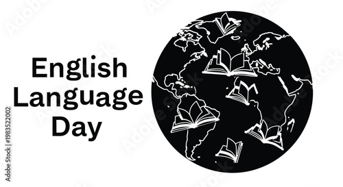 English language day illustration globe decorated with open books in white