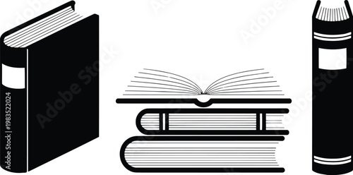 Black and white illustration of books in various positions