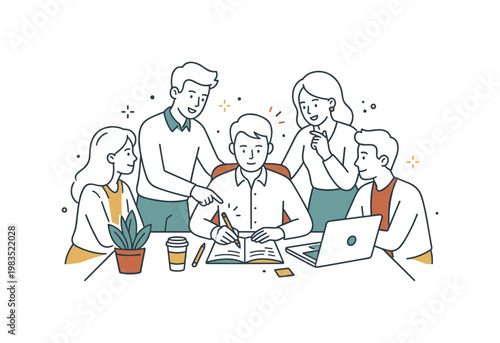 Colleagues working together on remote planning with one central figure writing ideas while others point and nod in agreement