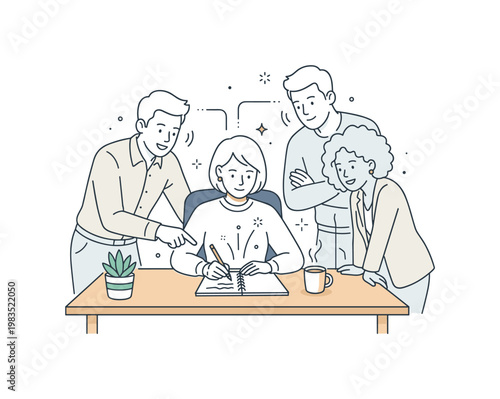 Colleagues working together to find a solution with one central figure pointing at notes while others lean in and nod in agreement