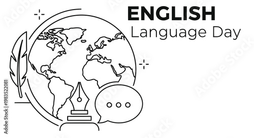 English language day illustration featuring a globe pen and speech bubble