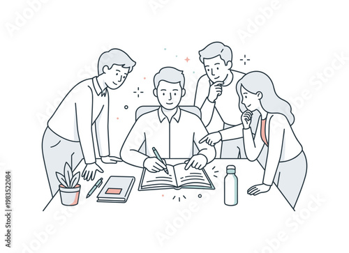 Colleagues working together in a contemporary office setting with one central figure writing notes while others lean in reviewing