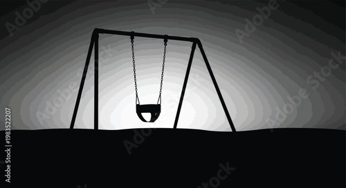 A solitary swing set stands silhouetted against a bright hazy and undefined background high quality