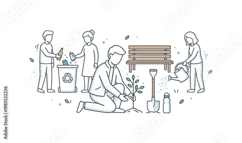 Community group sharing environmental care moment with one central figure kneeling to plant a sapling while others drop