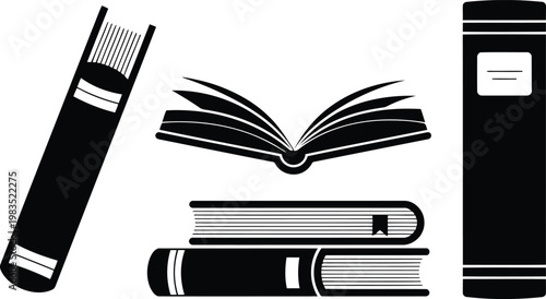 Black and white illustration of books and volumes