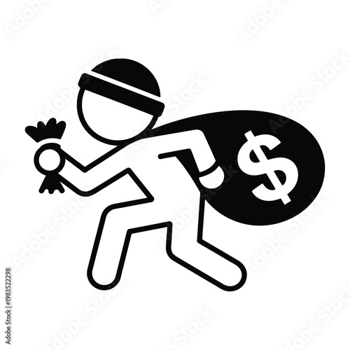 Criminal thief running with a money bag outline vector icon for robbery and heist concepts.