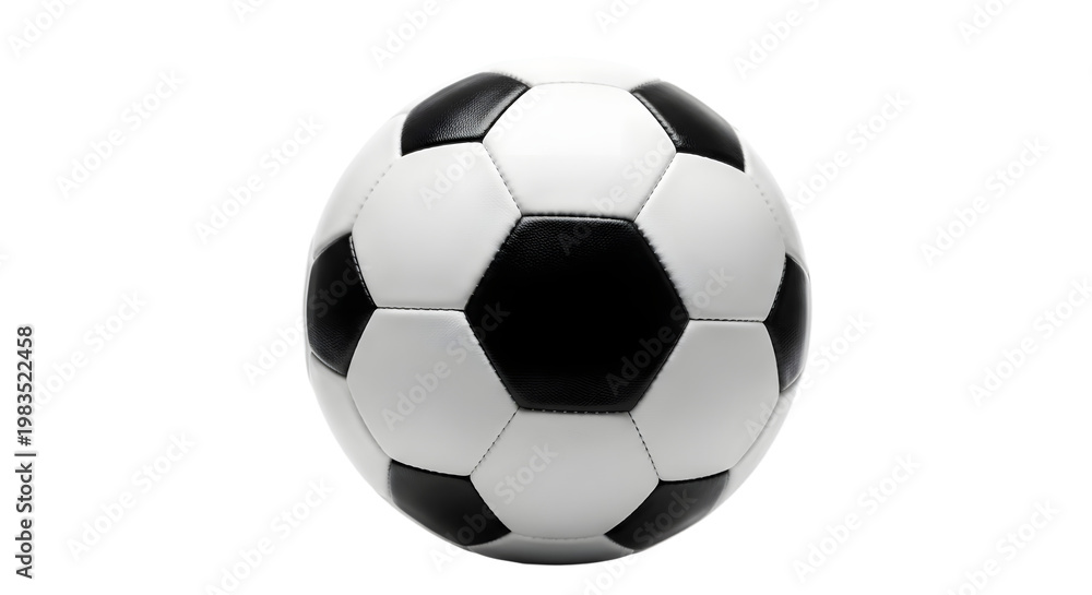 Fototapeta premium Classic black-and-white pentagonal soccer ball on plain background, football black and white pentagonal pattern
