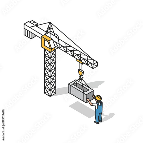 Construction worker operating a large industrial crane lifting a heavy concrete block.
